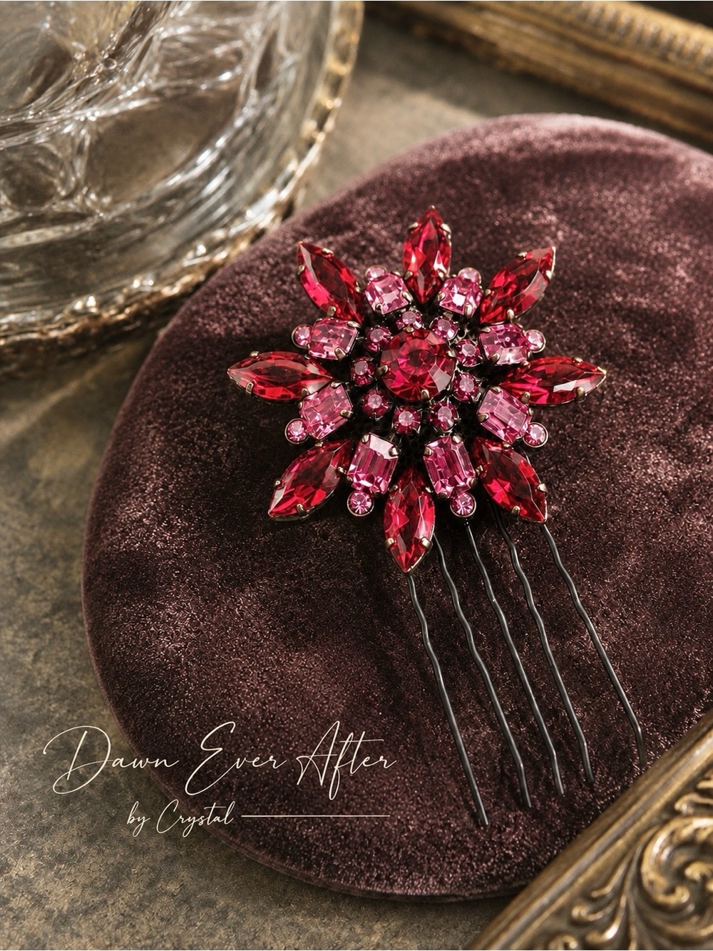 Handcrafted Red & Pink Glass Crystal Hair Comb